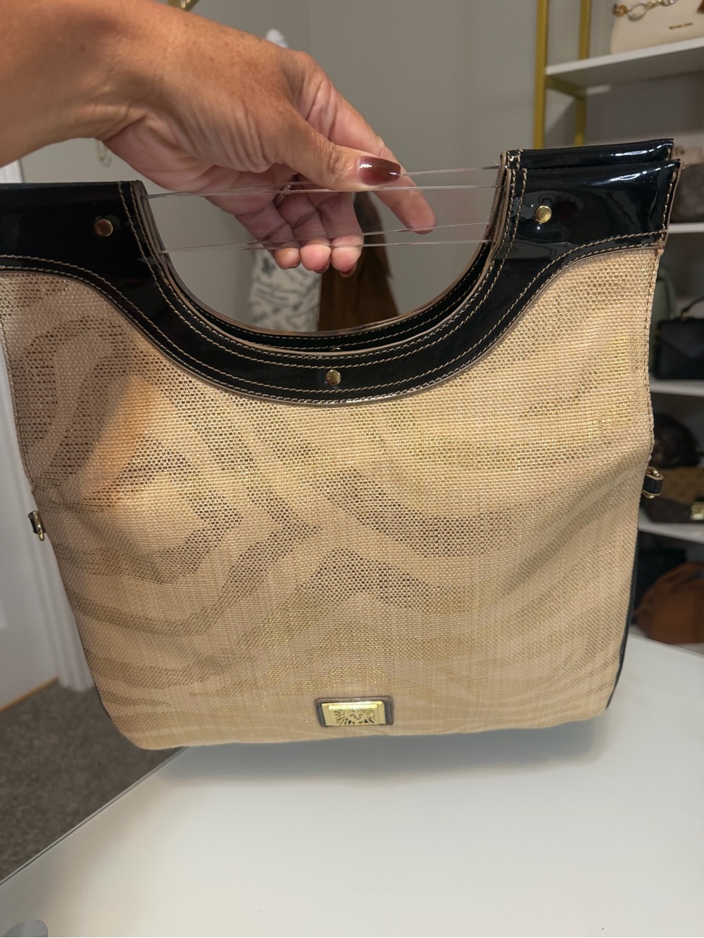 Anne Klein Convertible Beige Straw Tote with Black Patent Trim & crossbody strap